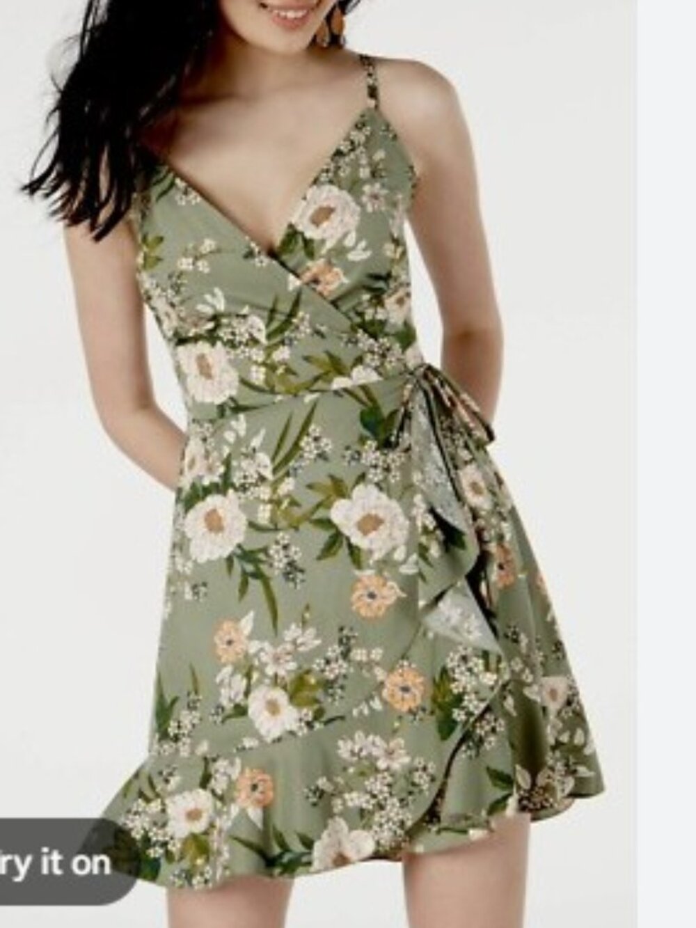Speechless Green Tie Ruffle Wrap Floral A line Dress. S